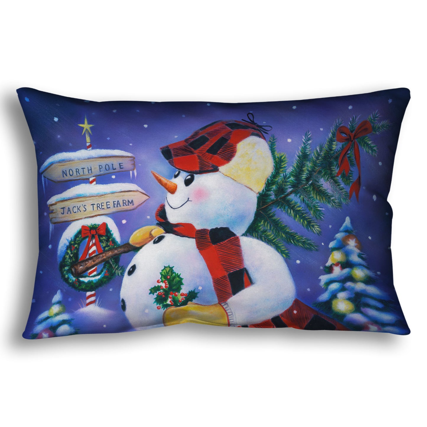Throw pillow designed with a painting of an anthropomorphized snowman, carrying a small christmas tree as it travels to the north pole.