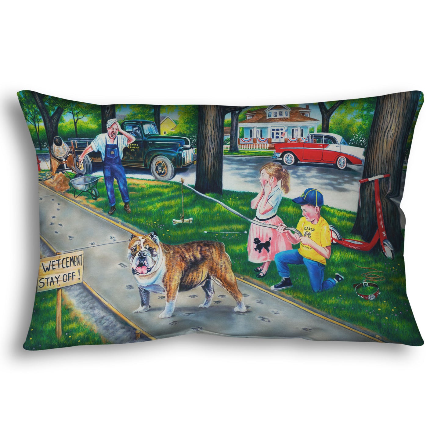 A painting of a dog walking on wet cement, leaving paw prints everywhere. Two children are trying to catch the dog using a bone on a stick, and an onlooking construction worker panics. Printed on a throw pillow.