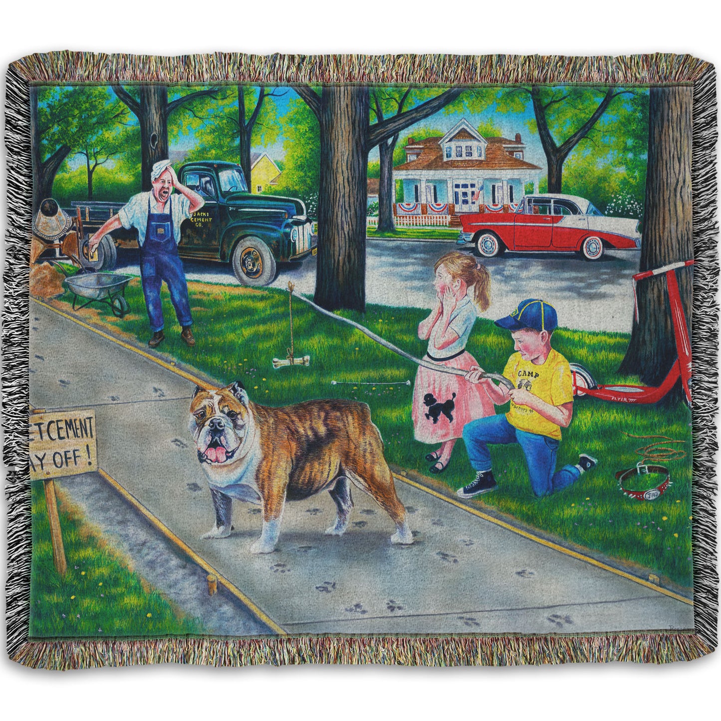 A woven throw blanket designed with a painting of a dog walking on wet cement, leaving paw prints everywhere. Two children are trying to catch the dog using a bone on a stick, and an onlooking construction worker panics.