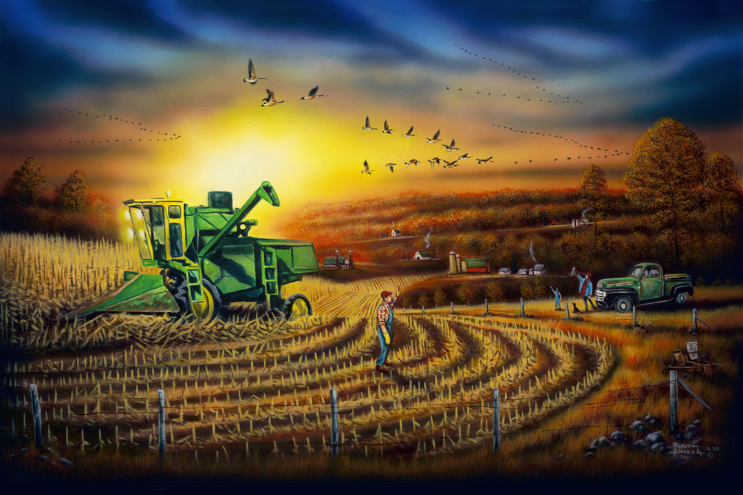 A painting of a harvester at work, gracefully cutting through fields of golden corn stalks. Geese fly overhead, illuminated by the sun on the horizon