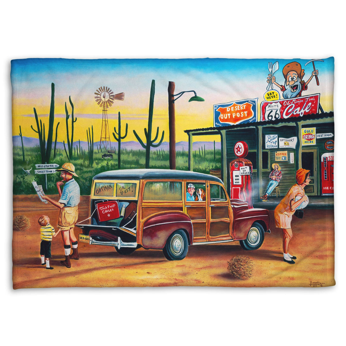 A coral fleece throw blanket depicting a painting of a family lost on a road trip vacation. They have stopped at a small gas station in the desert to check their map for directions.