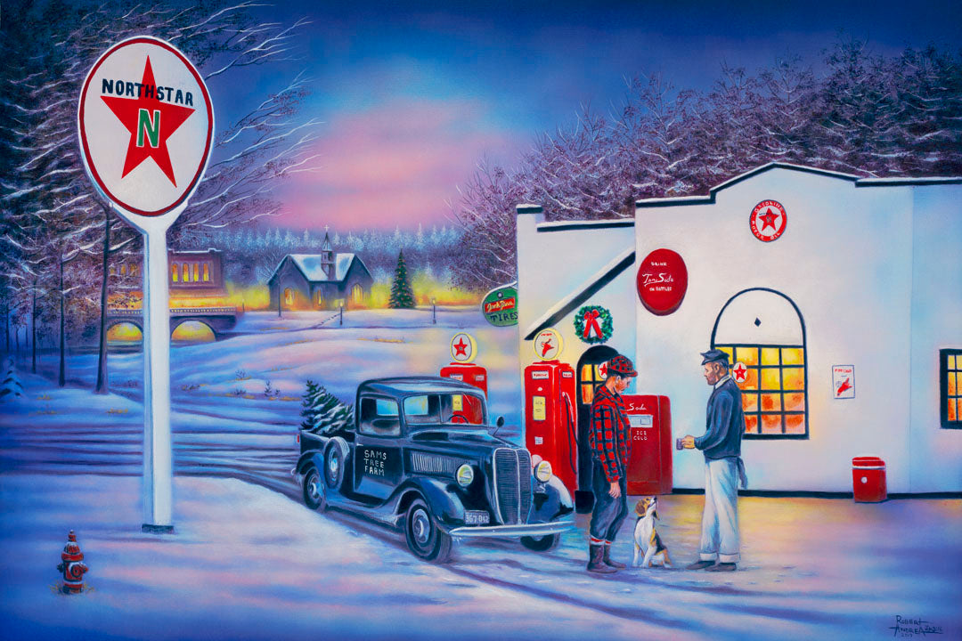 A painting of a small town scene in the snowy winter. Two people talk outside of a gas station beside a dog and an old car carrying a Christmas tree.