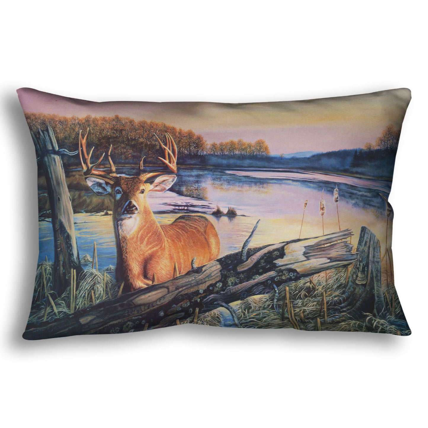 Throw pillow designed with a painting of a deer in front of a lake reflecting the morning sky.