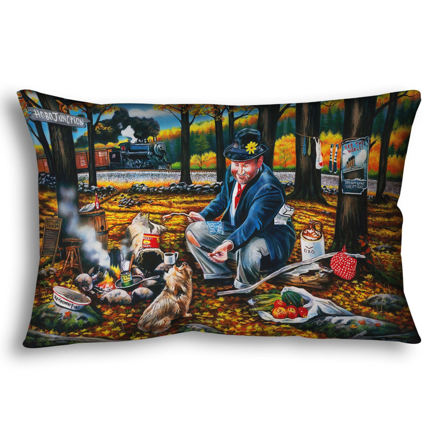 A throw pillow designed after a painting of a man sitting on a log at a campfire in the woods strewn with fall leaves. He is feeding a little dog. A train is passing in the background.