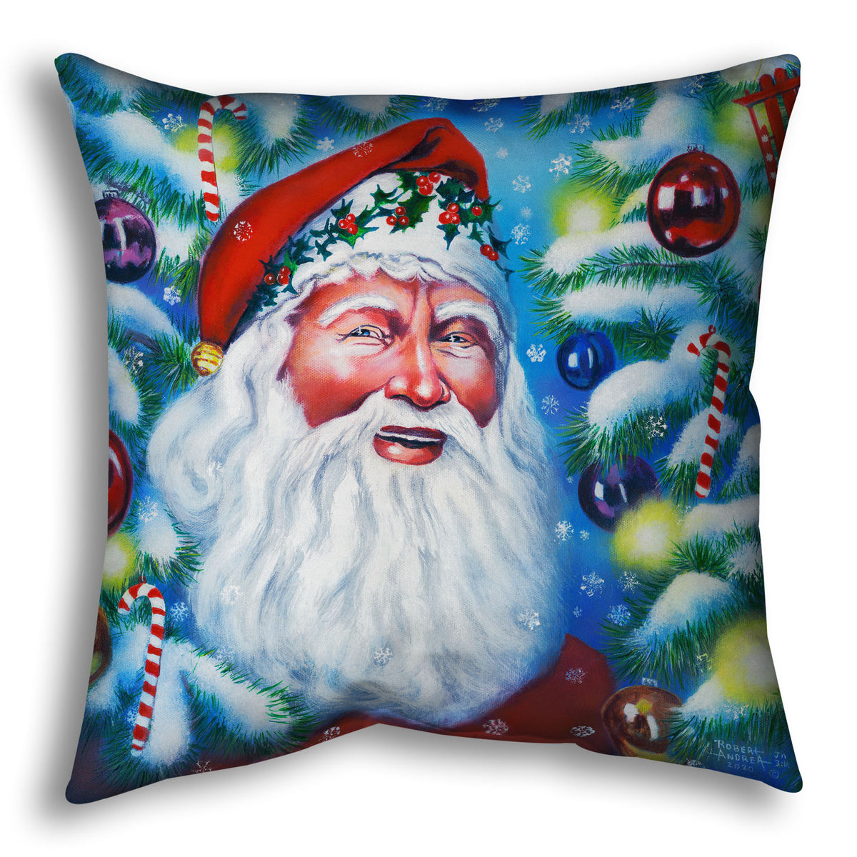 A throw pillow printed with a painting of Santa Claus, bordered by Christmas Trees decorated in lights and baubles.