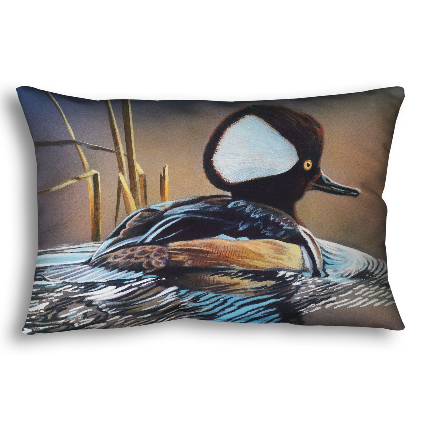 A throw pillow decorated with the design of a hooded merganser duck, floating on the water with its reflection rippling below.