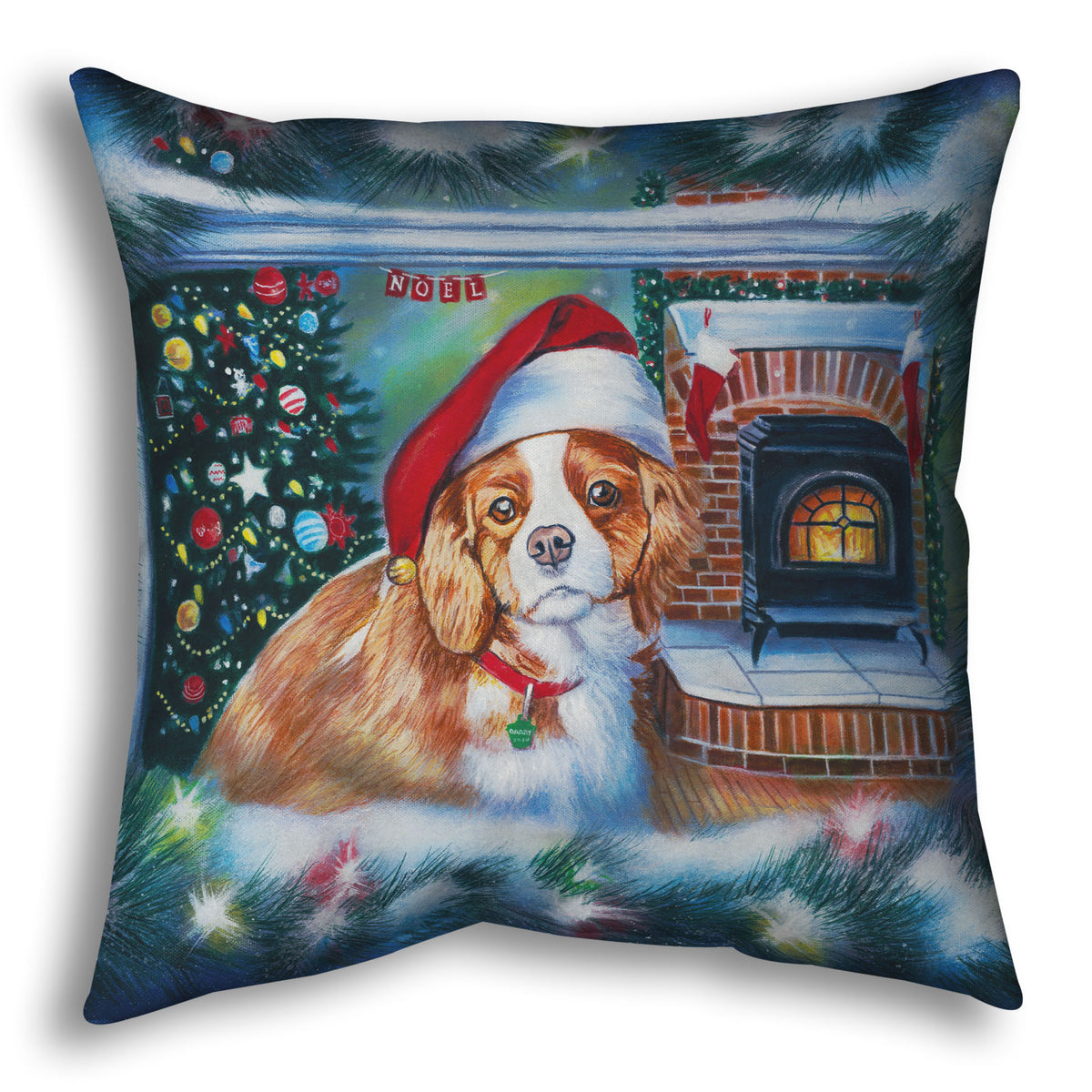 A throw pillow depicting a little dog with a red santa hat, sitting inside near a fireplace.