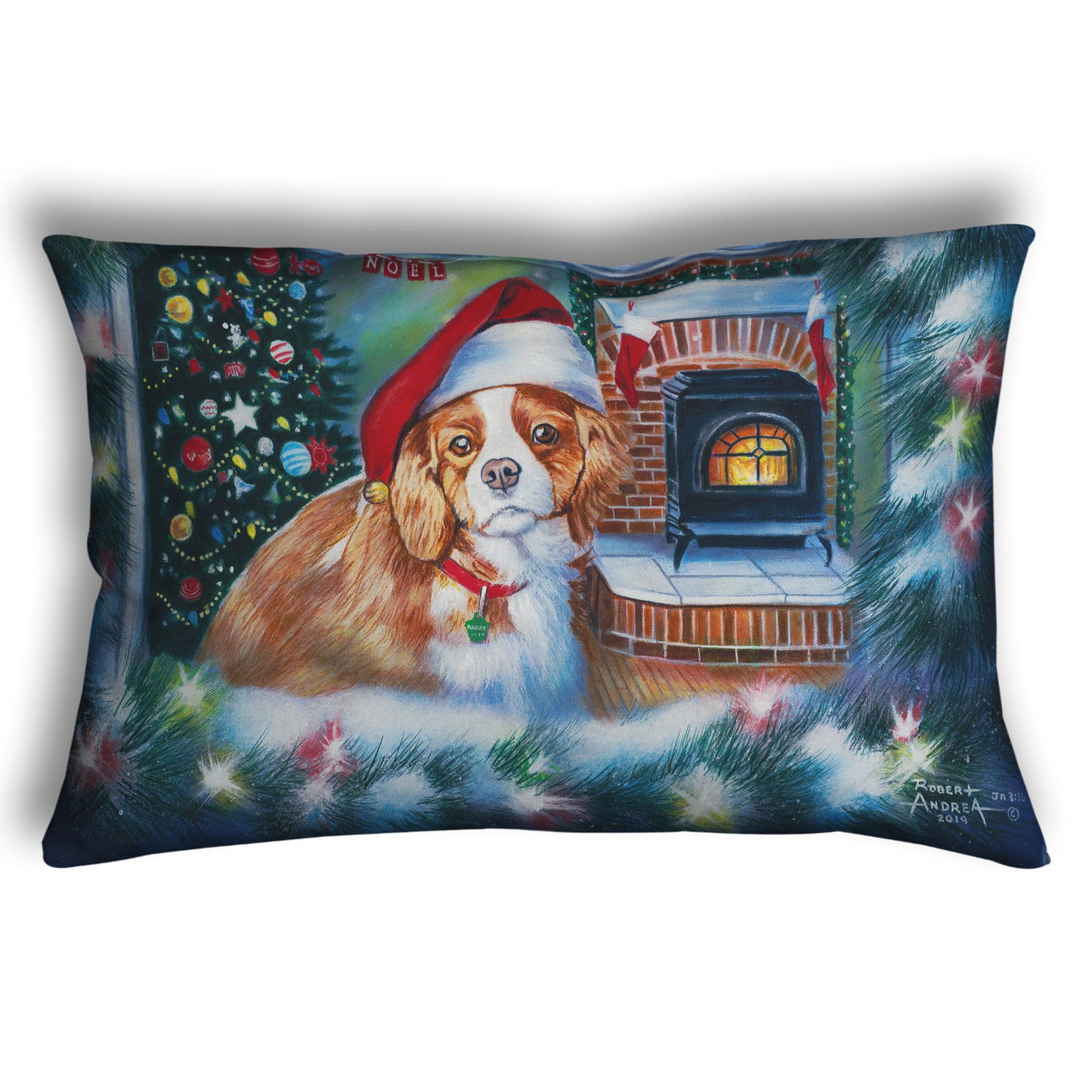 A throw pillow depicting a little dog with a red santa hat, sitting inside near a fireplace.