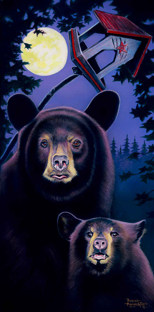 A painting of a mother bear and her cub standing under the moon. They have playfully scratched up a small birdhouse behind them.