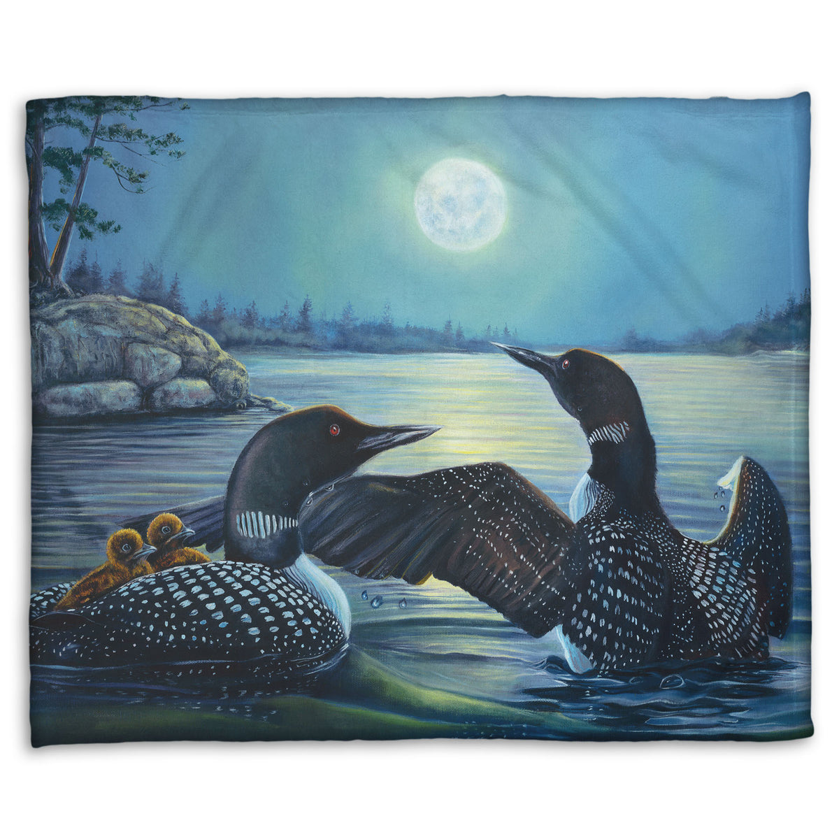 A coral fleece blanket designed with a painting of two grown loons, with two baby loons on one of their backs. They are floating on a lake under the moonlight.