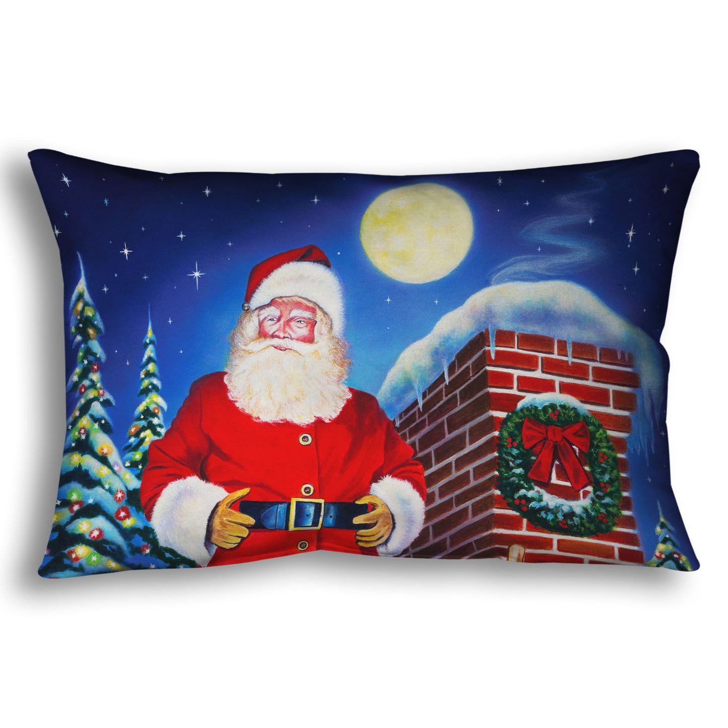 Festive throw pillow with a Santa Claus design. He stands on a snowy rooftop at night with a bag of toys.