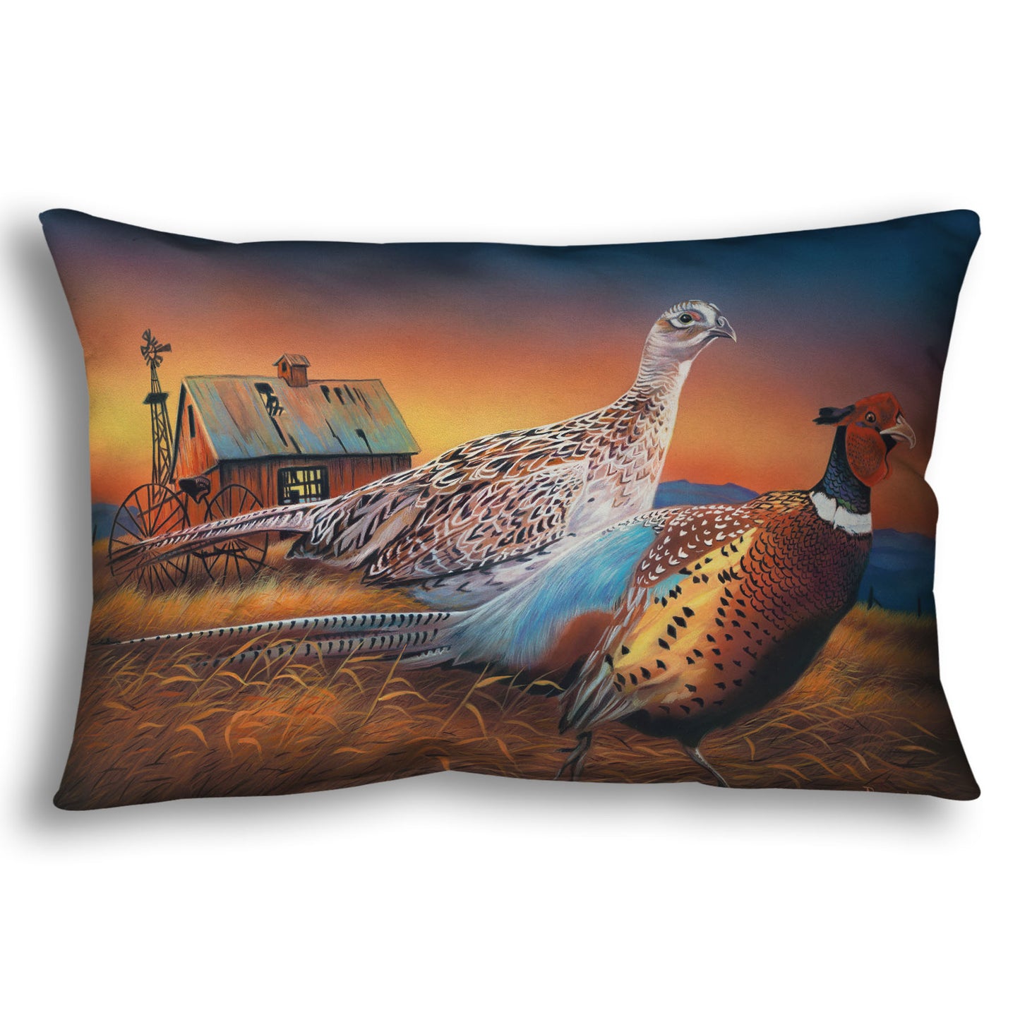 Throw pillow designed with a painting of two pheasants, walking through golden grasses against a colorful sunset.