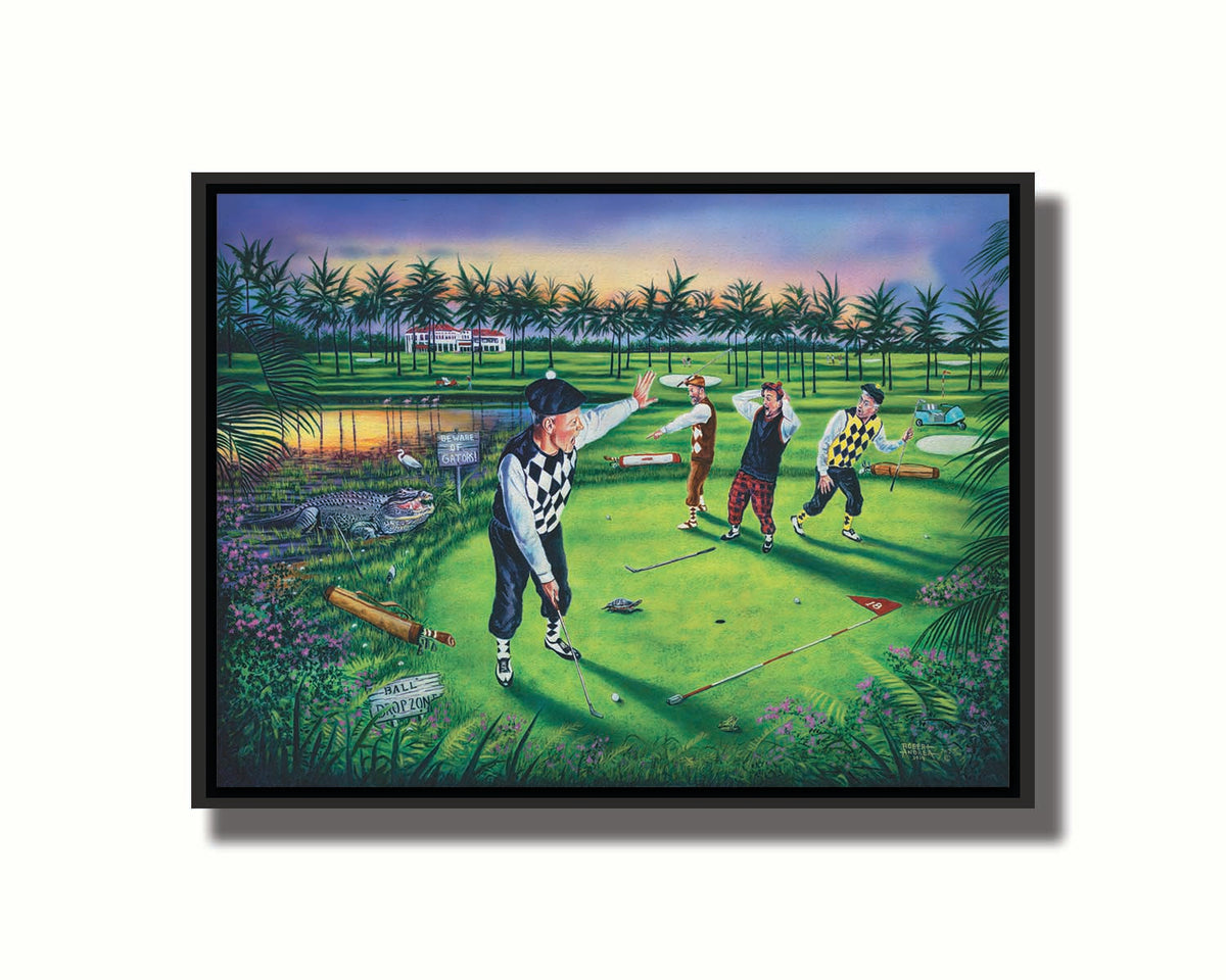 A painting of a group of golfers, one shushing the others as he attempts a putt. Unknown to him, his friends are yelling because there is an alligator approaching. Printed on canvas in a float frame.
