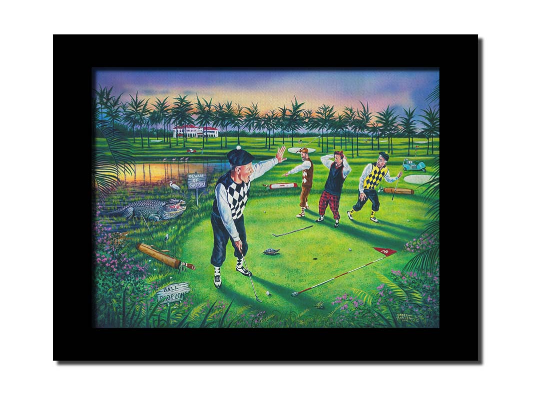 A painting of a group of golfers, one shushing the others as he attempts a putt. Unknown to him, his friends are yelling because there is an alligator approaching. Printed on canvas and framed.