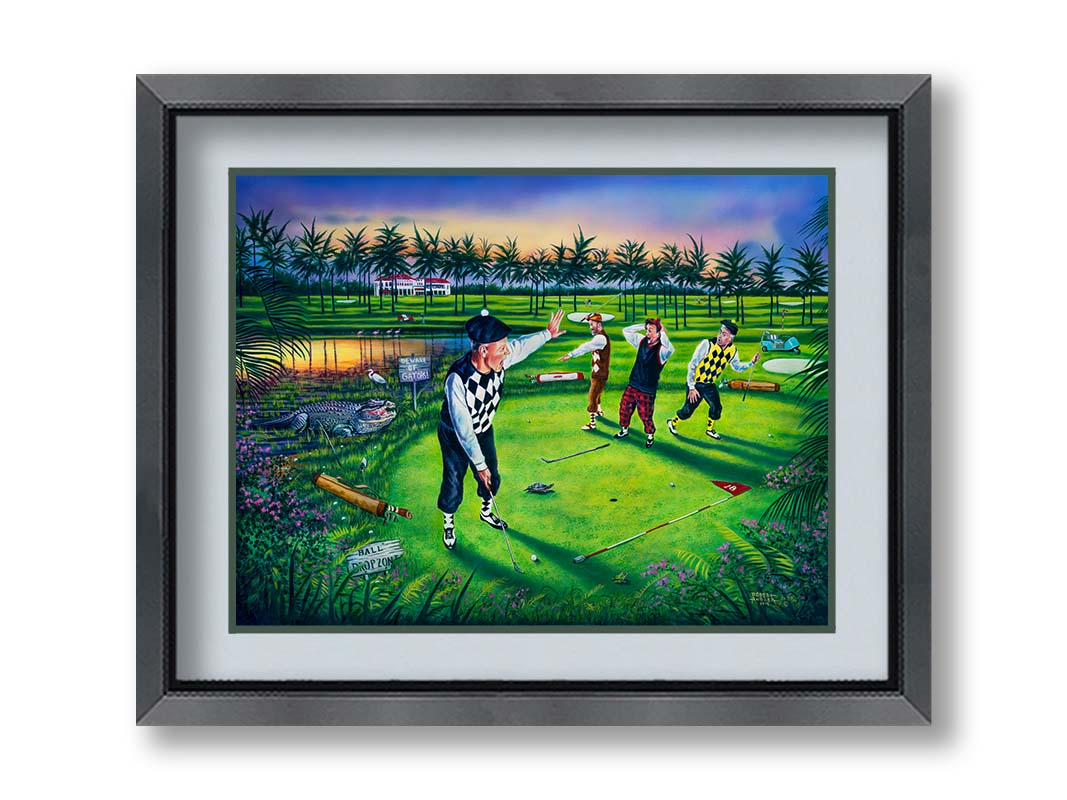 A painting of a group of golfers, one shushing the others as he attempts a putt. Unknown to him, his friends are yelling because there is an alligator approaching. Printed on paper, matted, and framed.
