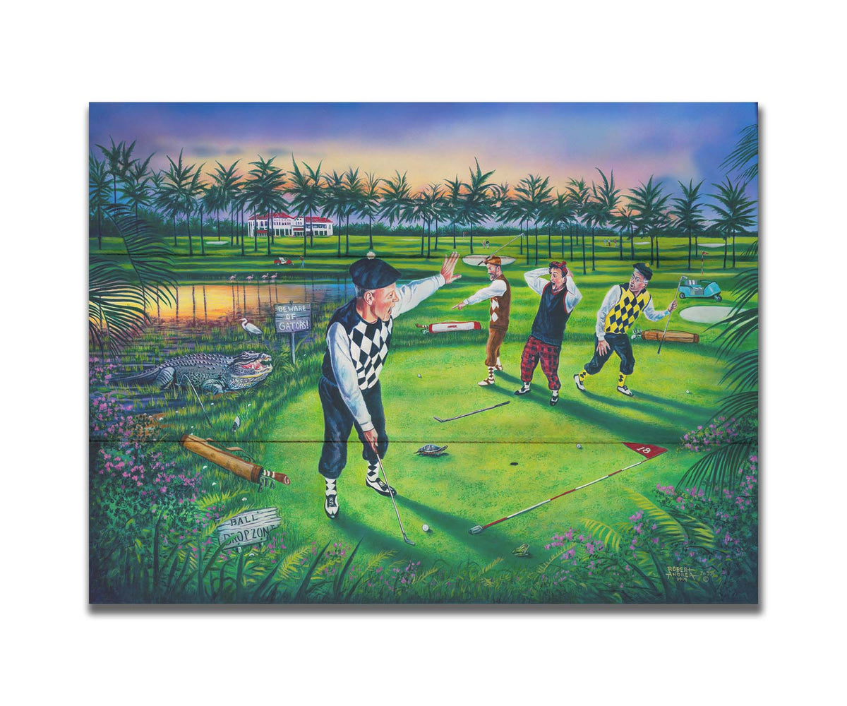 A painting of a group of golfers, one shushing the others as he attempts a putt. Unknown to him, his friends are yelling because there is an alligator approaching. Printed on a box board.