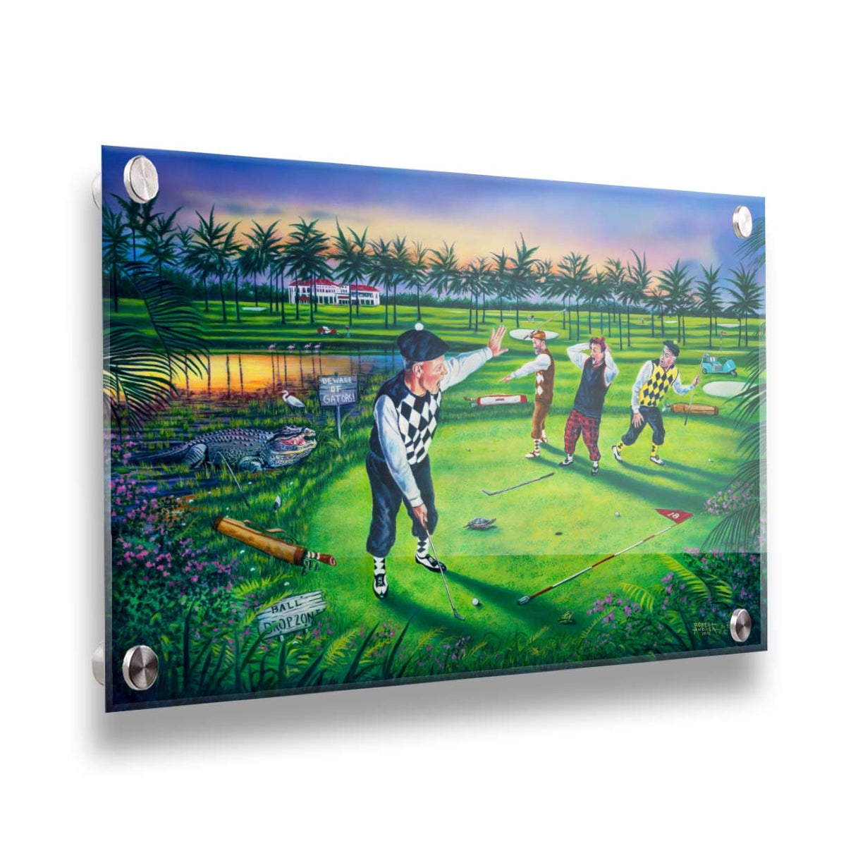 A painting of a group of golfers, one shushing the others as he attempts a putt. Unknown to him, his friends are yelling because there is an alligator approaching. Printed on acrylic.