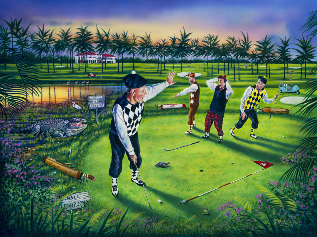 A painting of a group of golfers, one shushing the others as he attempts a putt. Unknown to him, his friends are yelling because there is an alligator approaching.
