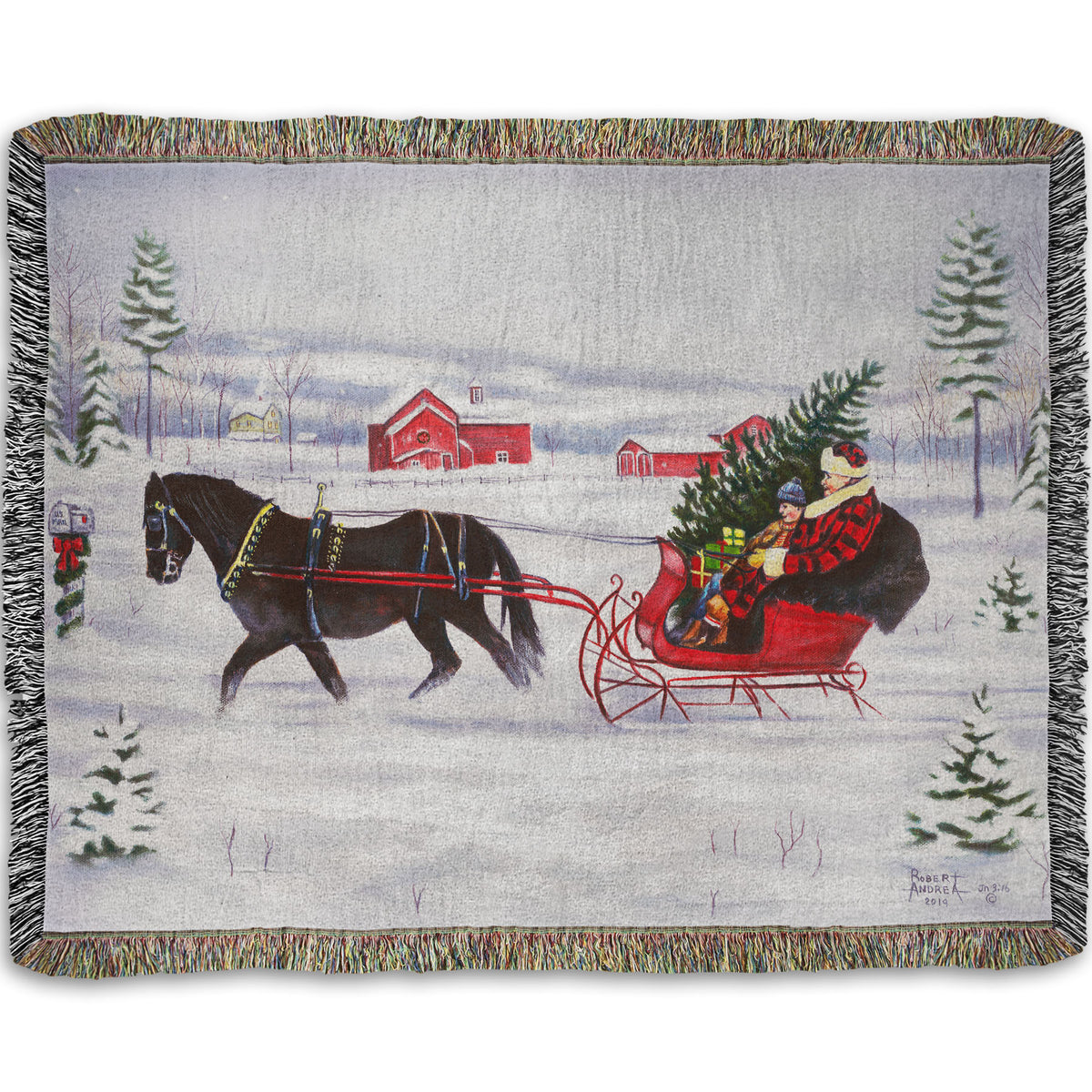 Woven blanket with a horse pulling a family in a sleigh through the snow with a christmas tree.