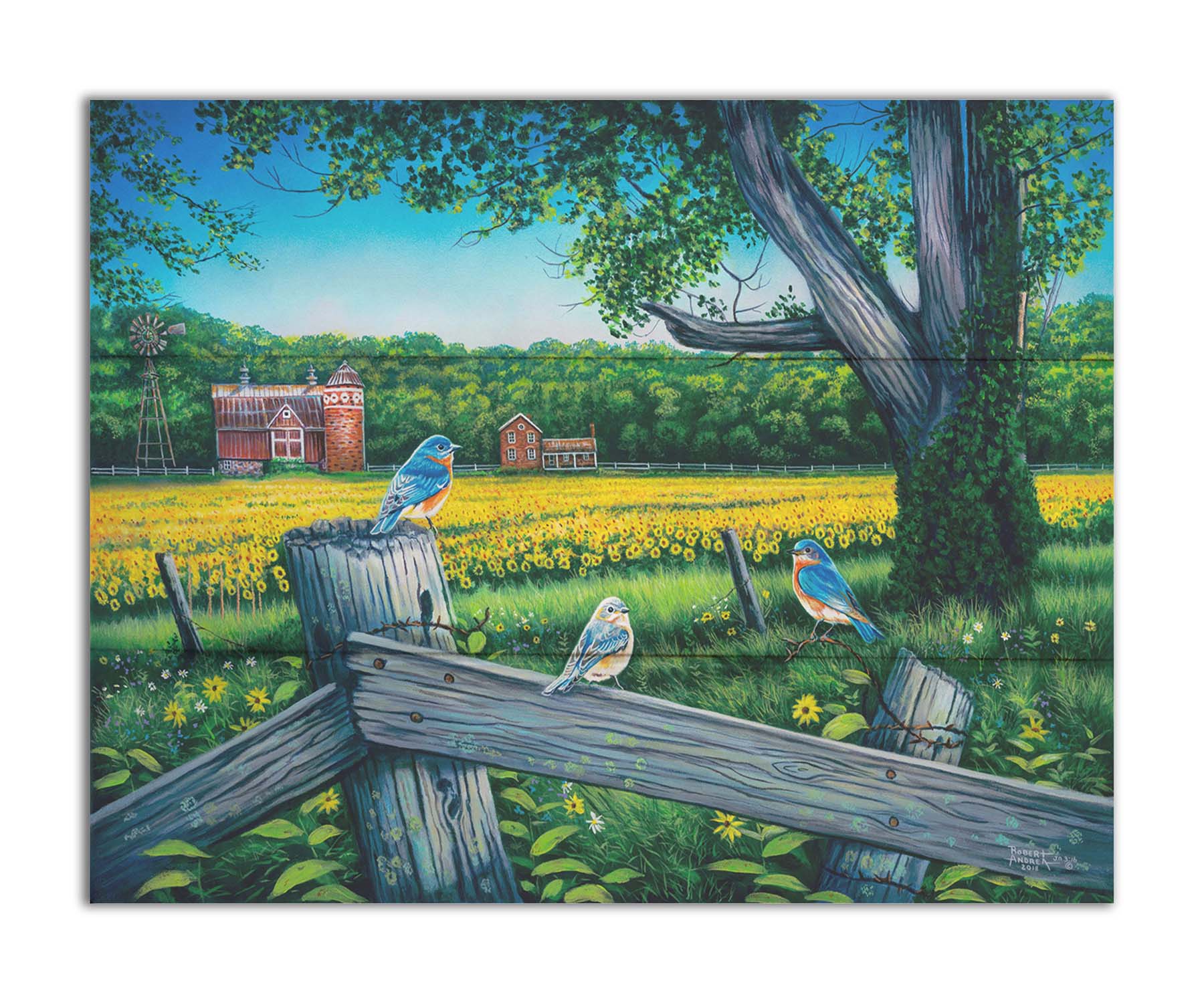 A painting of little blue birds perched on a fence before a field of sunflowers. Printed on a box board.