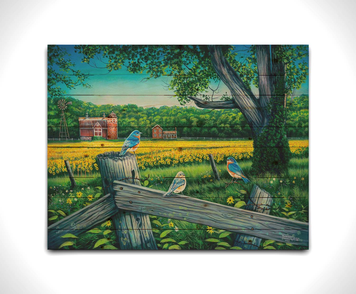 A painting of little blue birds perched on a fence before a field of sunflowers. Printed on a wood pallet.