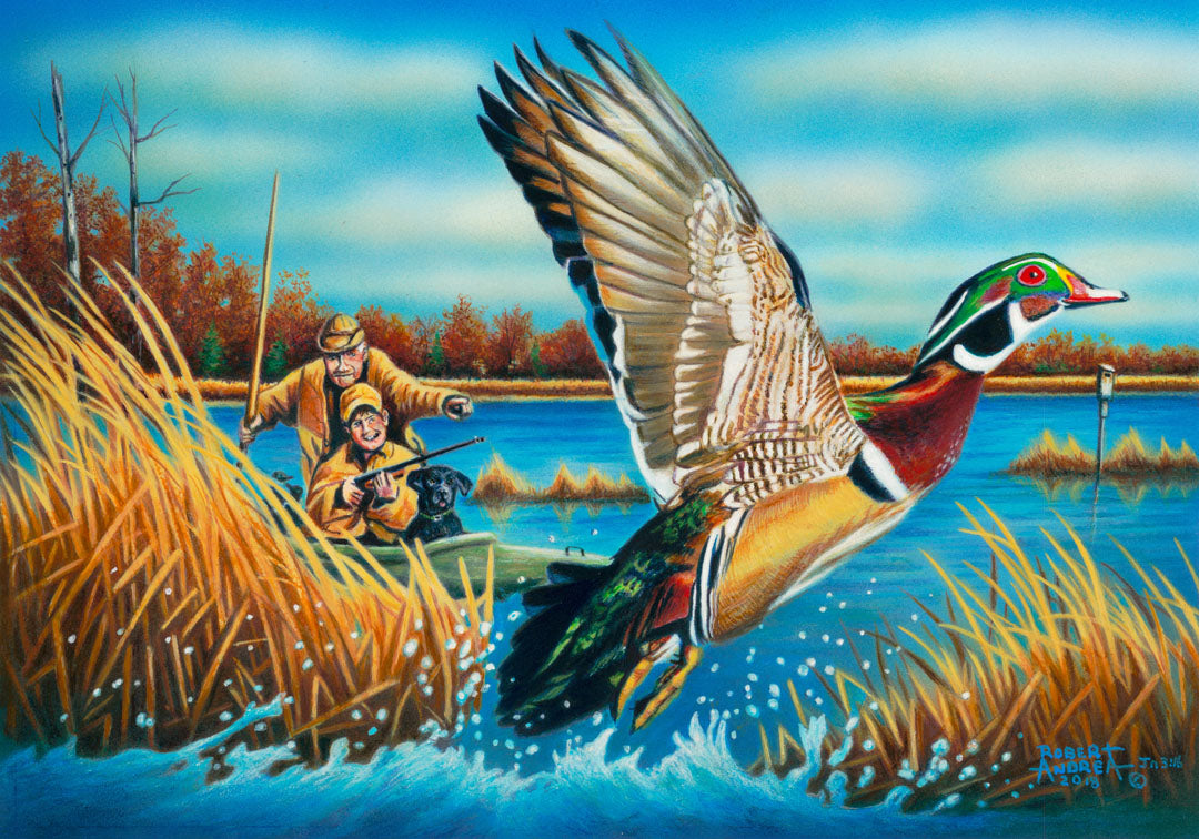 A painting of a wood duck taking flight off the water, after being startled by two approaching hunters in a kayak.