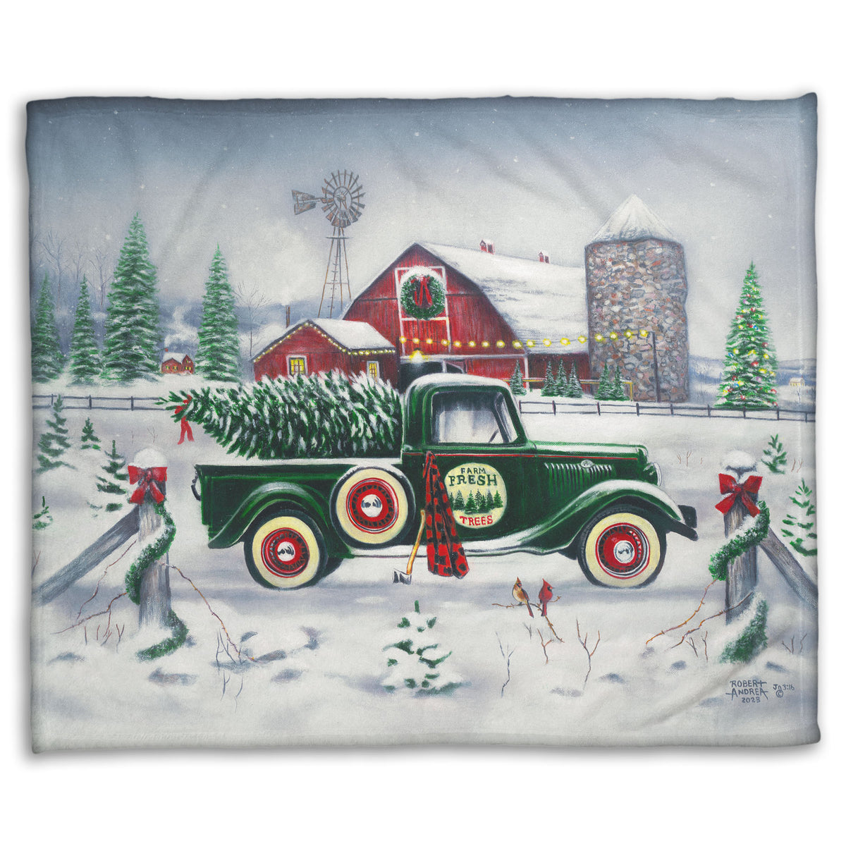 Coral fleece blanket with a vintage truck and barn design.