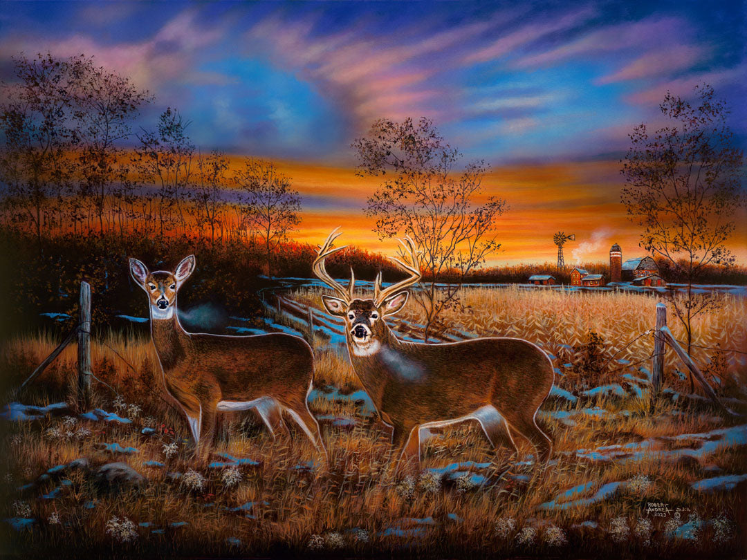 A painting of two white tail deer in a field during a vivid sunset, with a large barn in the background.