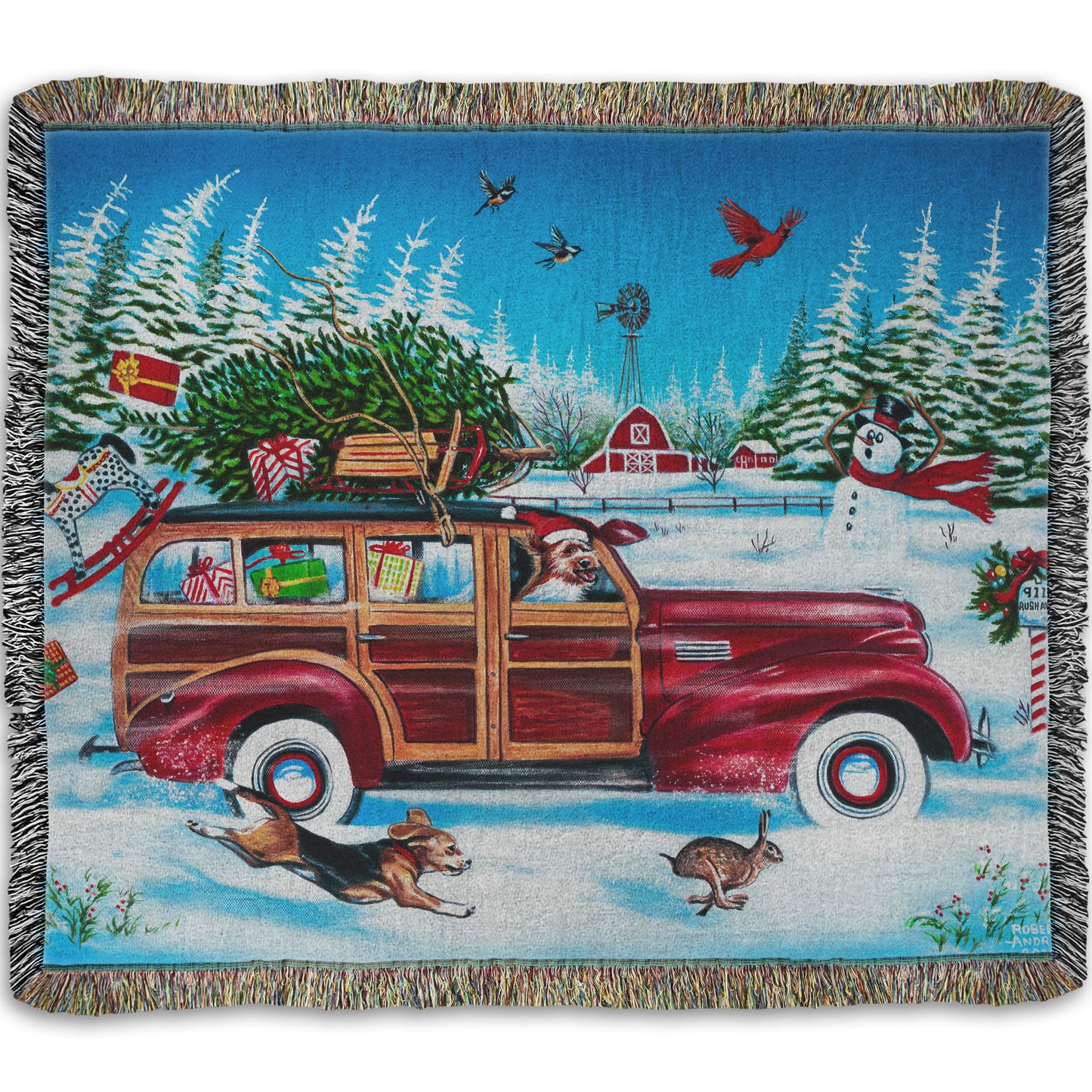 A woven throw blanket printed with a festive Christmas painting, with a classic wood panel car speeding by with presents.