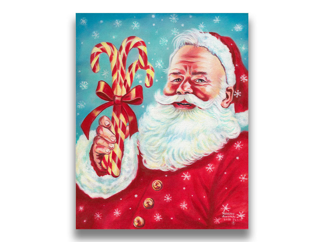 Illustrative painting of Santa Claus smiling and holding candy canes against a a blue snowing sky. Printed on canvas.