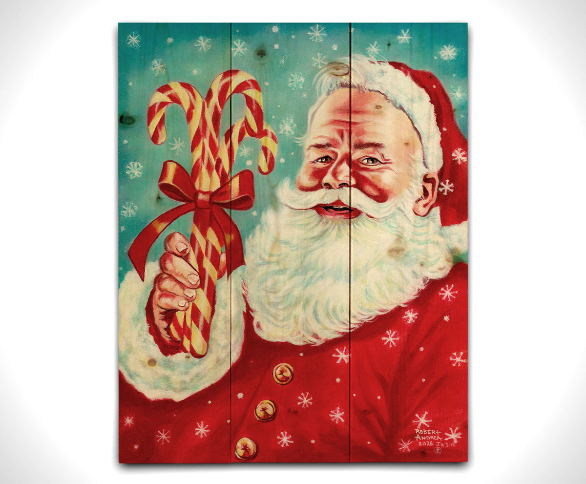Illustrative painting of Santa Claus smiling and holding candy canes against a a blue snowing sky. Printed on a wood pallet.