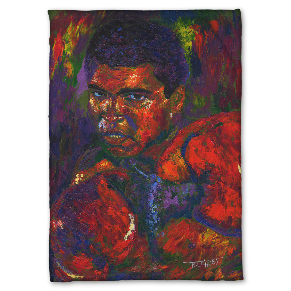 A coral fleece blanket designed with a painting of boxer Muhammad Ali wearing boxing gloves in a fighting stance.