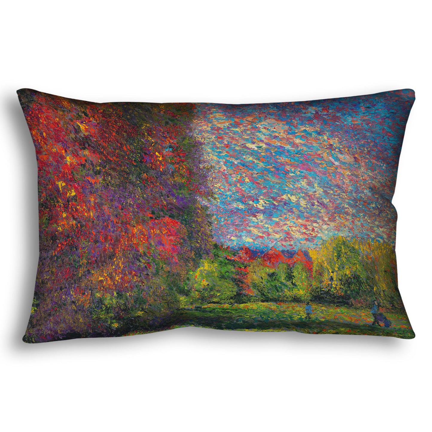 A throw pillow designed with a painting of a wide-open park, painted with unblended spots of paint. The trees are turning from green to red with the transition to autumn.