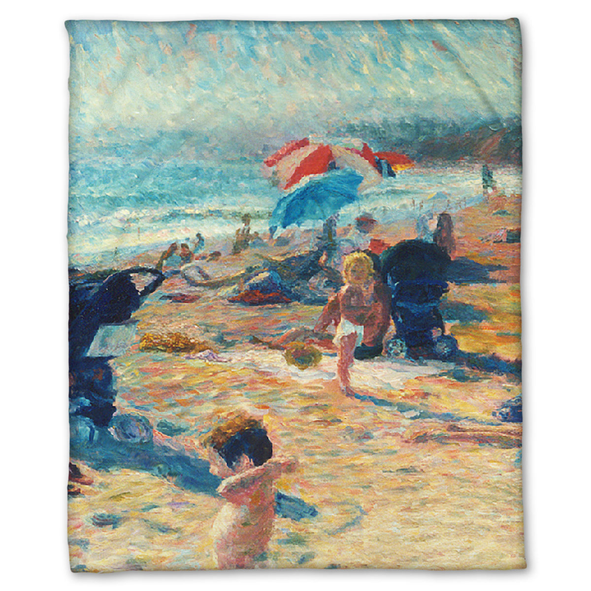 A fleece throw blanket designed with a painting of a busy beach during the summer. People sit under umbrellas all along the sand, and in the foreground, two small children play.