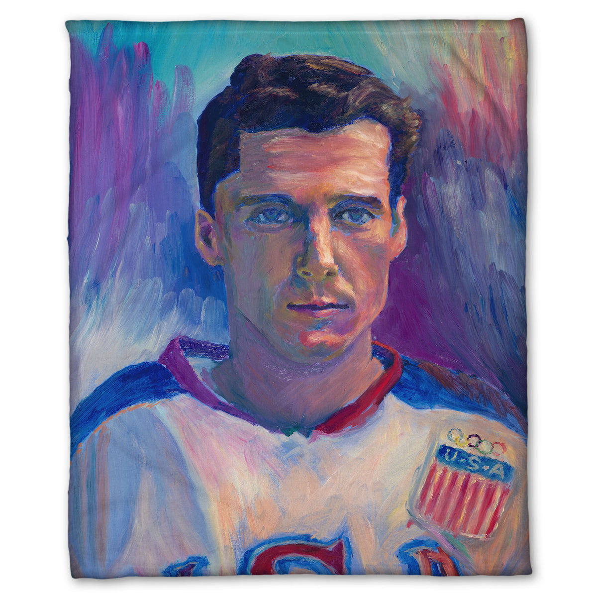 A fleece throw blanket designed with a portrait painting of a United States Olympic hockey player in a cool color pallet of blues, purples, and pinks.