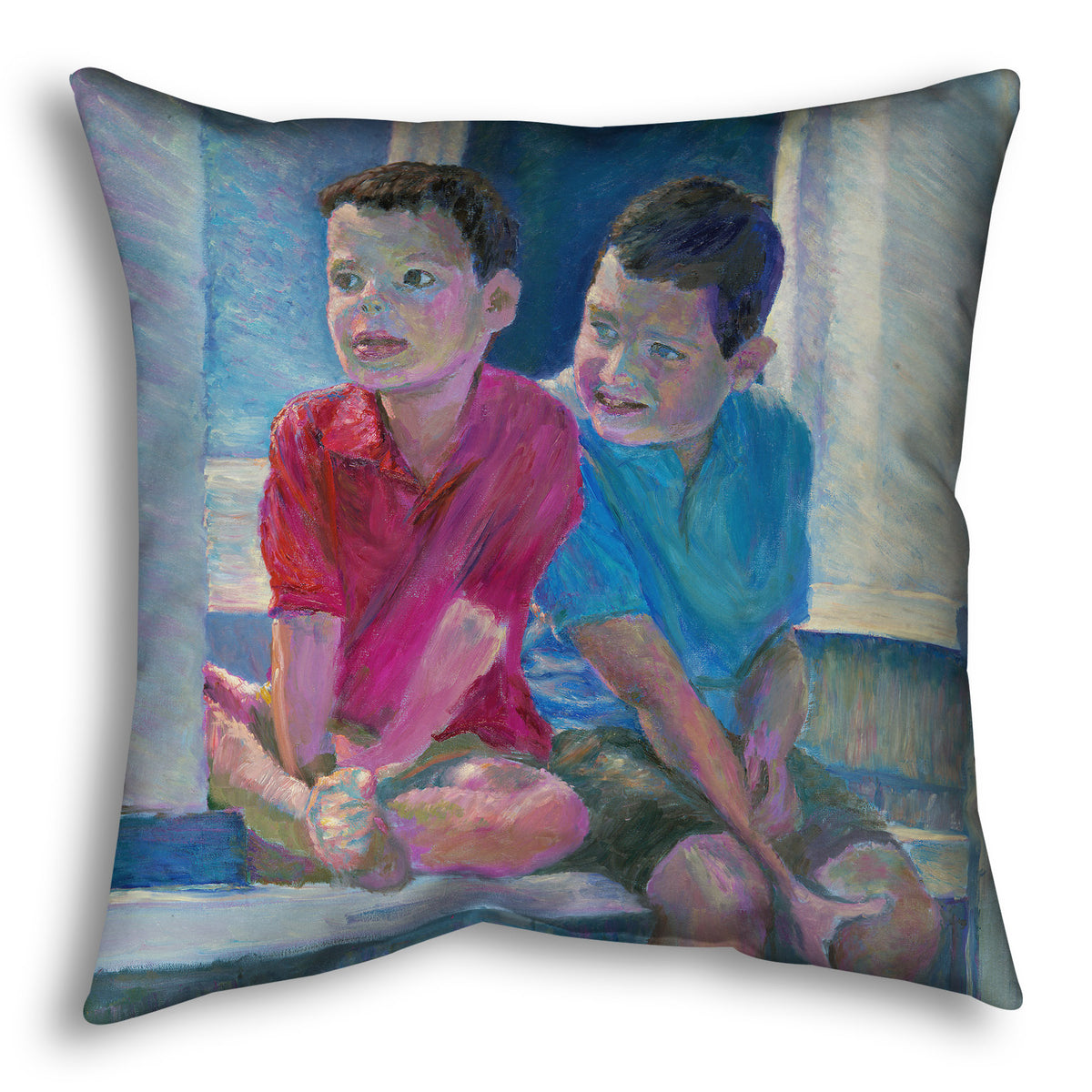 A decorative throw pillow designed with a painting of two children sitting on a window ledge.