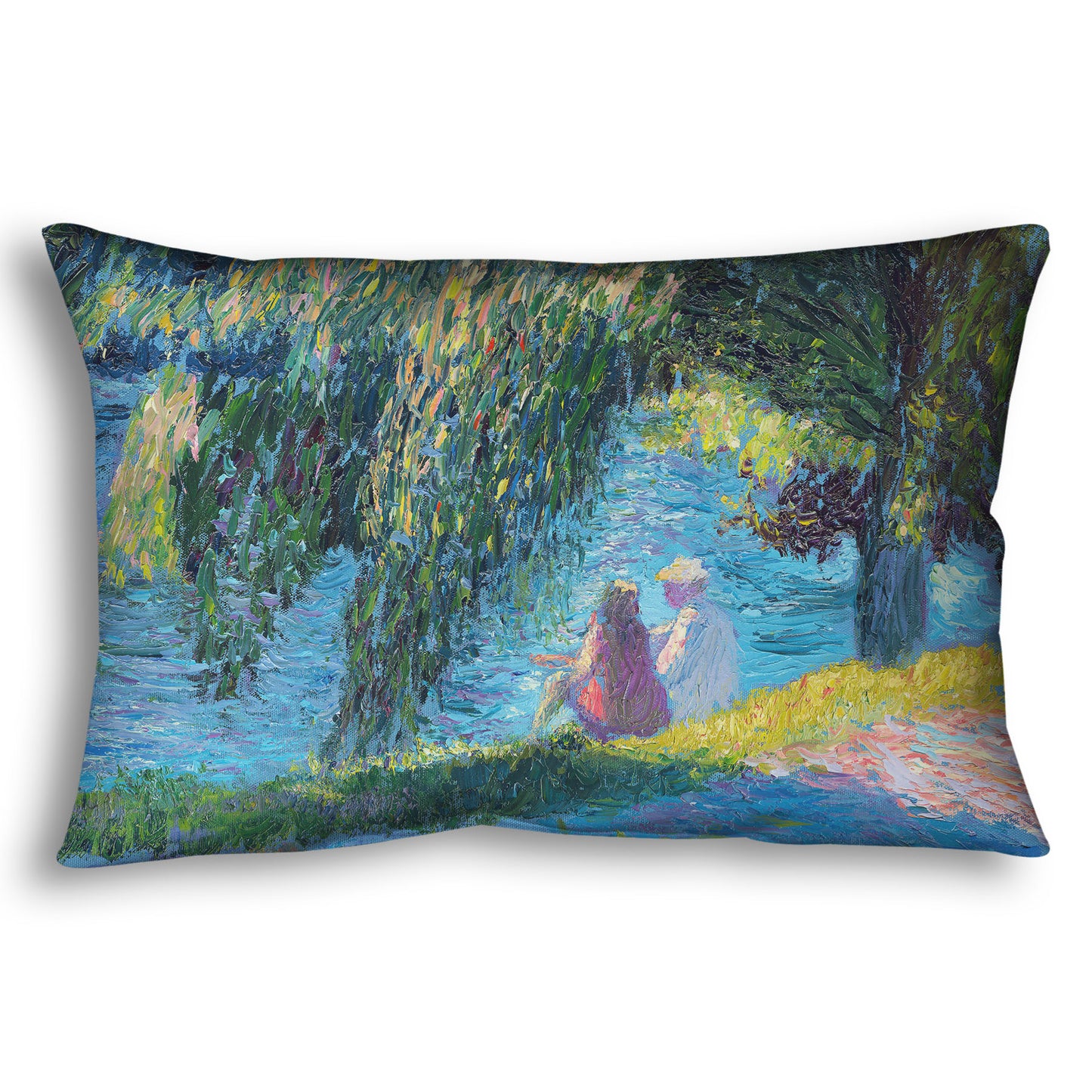 A rectangular throw pillow designed with a painting of two people sitting by the water, near a park sidewalk, with a large tree above them.