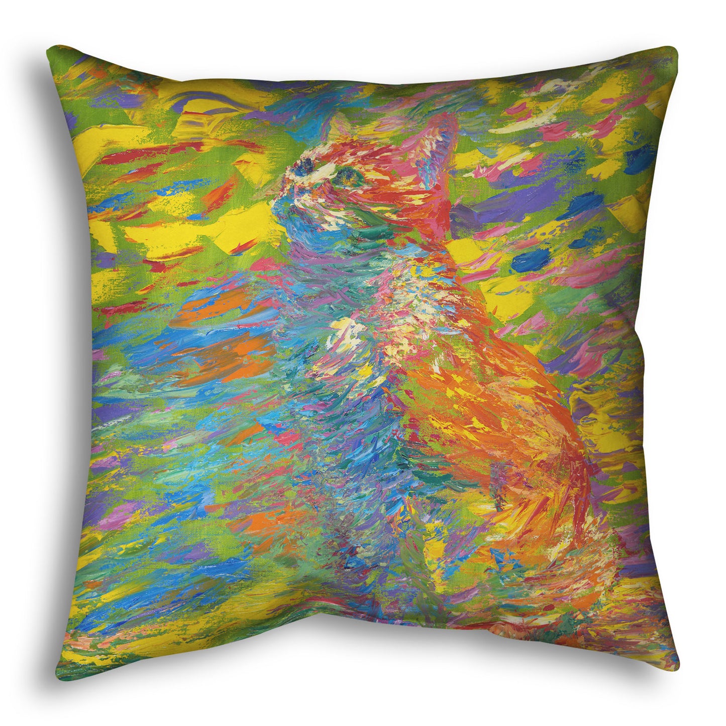 Throw pillow designed with a painting of a cat done in broken color. The cat is sitting in a colorful abstract environment.