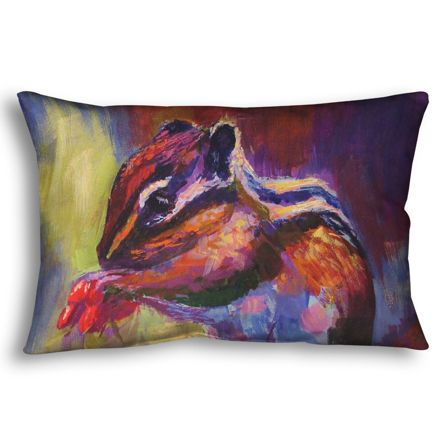 Throw pillow designed with a painting of a chipmunk eating red berries, in a red and purple color palette using visible brush strokes.
