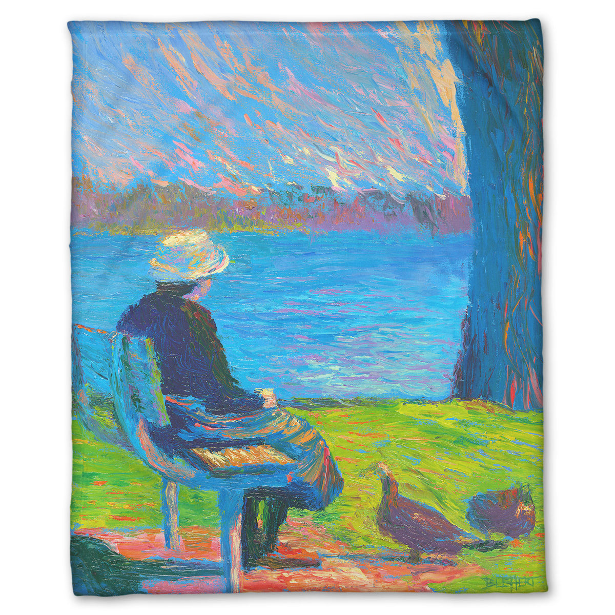 A fleece throw blanket designed with a peaceful painting of a person sitting on a bench by a lake, accompanied by two ducks on the ground.
