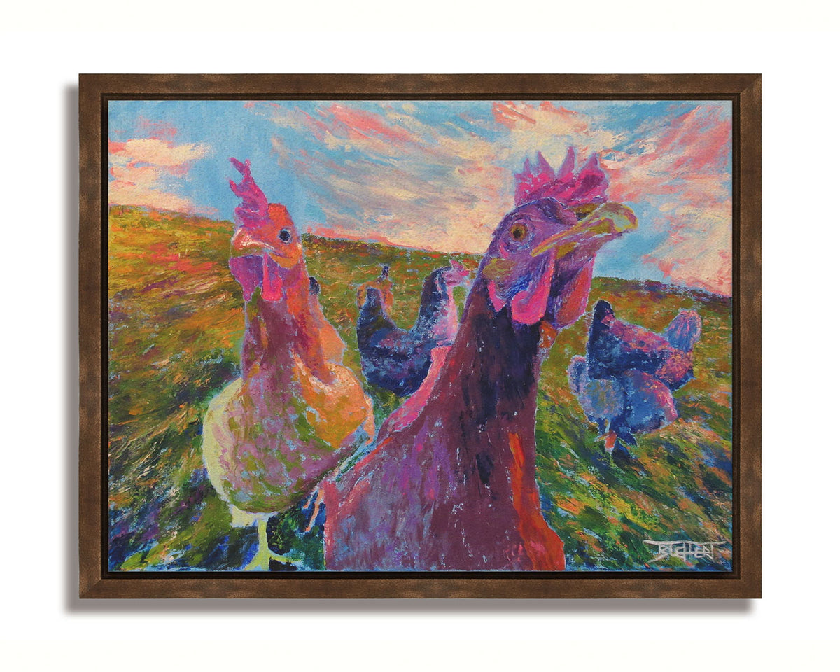 Colorful impressionist painting of chickens in a field with a vibrant sky. Printed on canvas in a float frame.