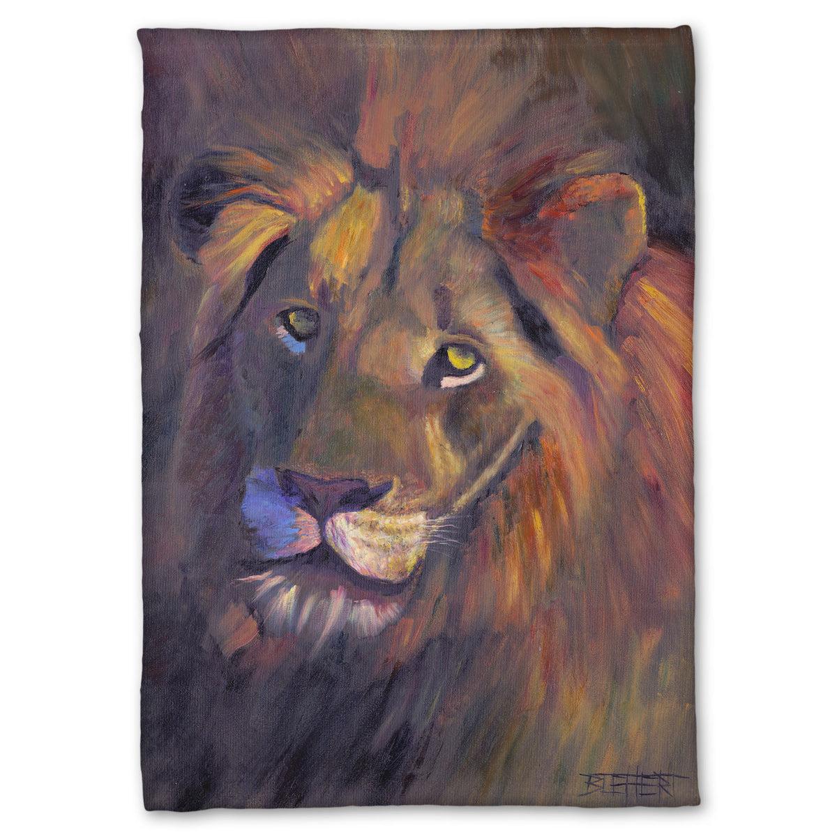 Fleece throw blanket designed with a portrait painting of a lion, accented with a soft gold light and purple shadows.