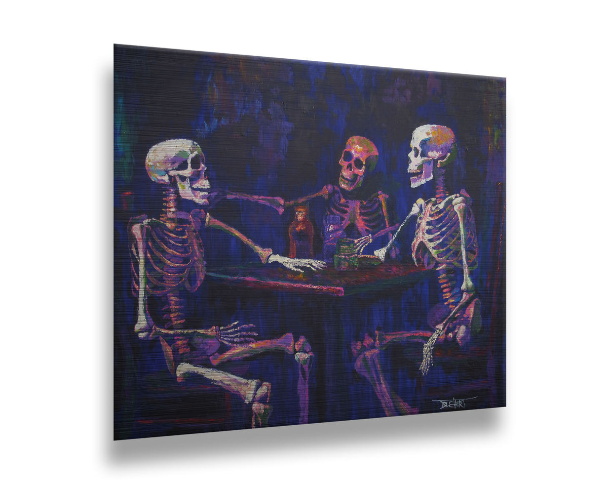 A colorful painting of skeletons sitting around a table, positioned as if having an expressive conversation. Printed on metal.