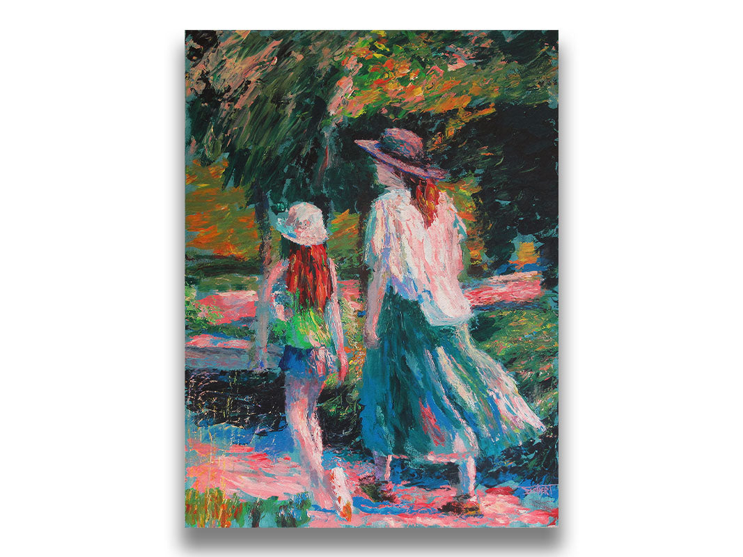 A painting of a woman and her child walking on a path through a park. Printed on canvas.