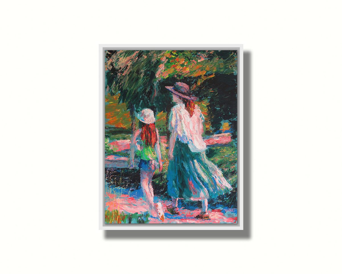 A painting of a woman and her child walking on a path through a park. Printed on canvas in a float frame.