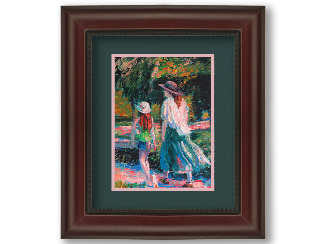 A painting of a woman and her child walking on a path through a park. Printed on paper, matted, and framed.