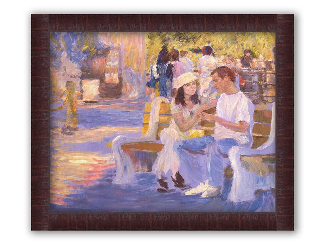 A painting of two people sitting on a bench at the zoo. Printed on canvas and framed.