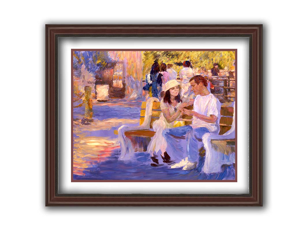 A painting of two people sitting on a bench at the zoo. Printed on paper, matted, and framed.