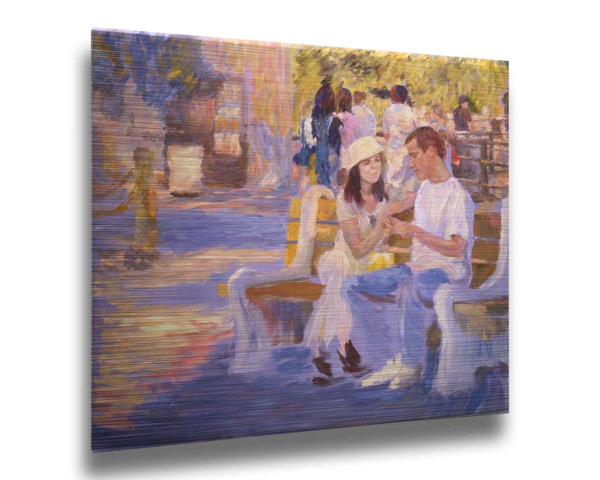 A painting of two people sitting on a bench at the zoo. Printed on metal.