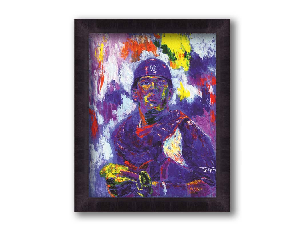 A painting of Salvador Johan Pérez Díazof of the Kansas City Royals baseball team, painted in a purple, red, yellow, and white palette. Printed on canvas and framed.